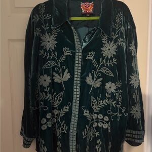 Johnny Was Teal Floral Embroidered Blouse